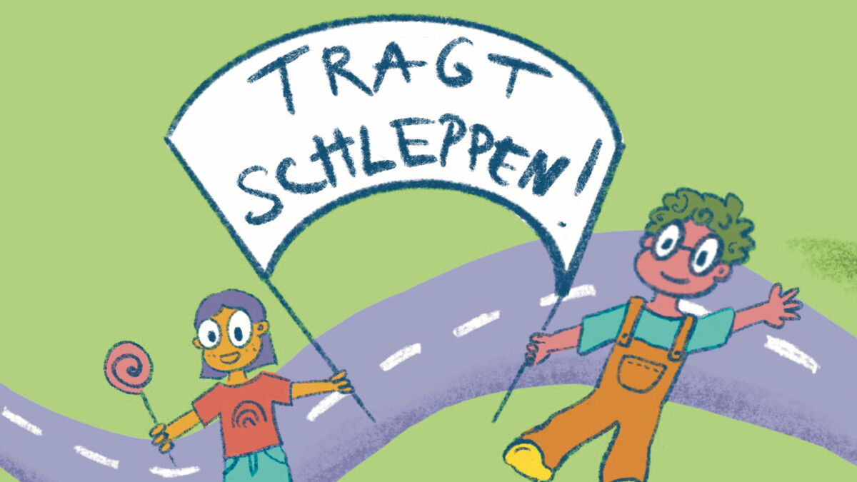 Zwei illustrierte Kinder mit einem Demoschld in der Hand auf grünerm Untergrund