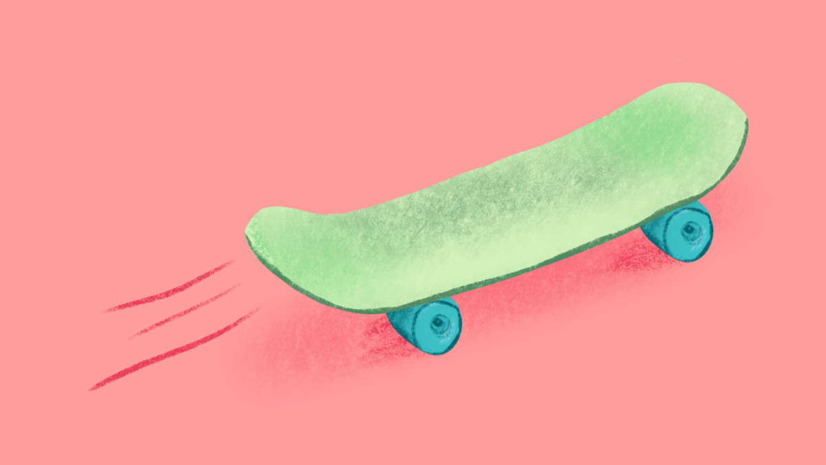 Grünes Skateboard auf rotem hintergrund