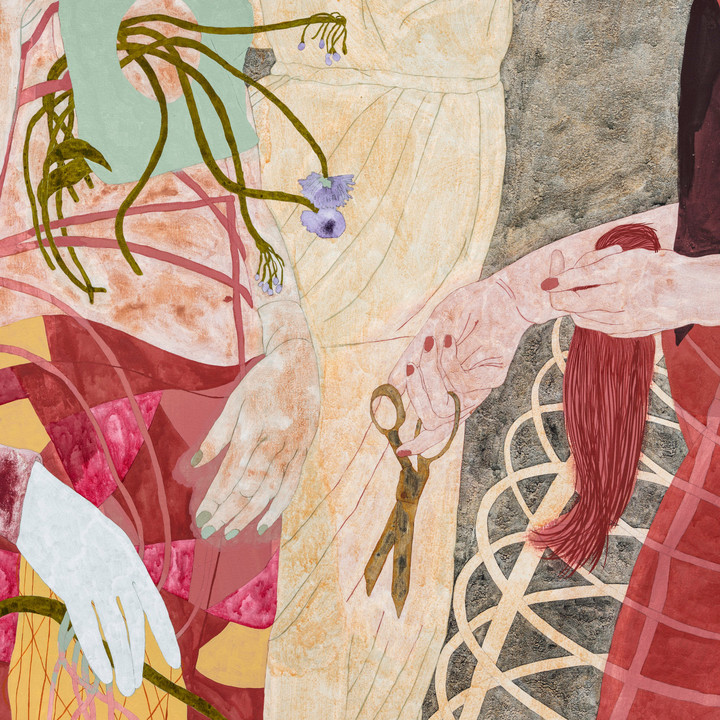 Ella Walker, Cutting Flowers, 2022, Acryldispersion, Pigment, Kreide und Bleistift auf Leinen, 210 x 100 x 20cm, © Ella Walker, Courtesy the artist and Casey Kaplan, New York Foto: Eva Herzog